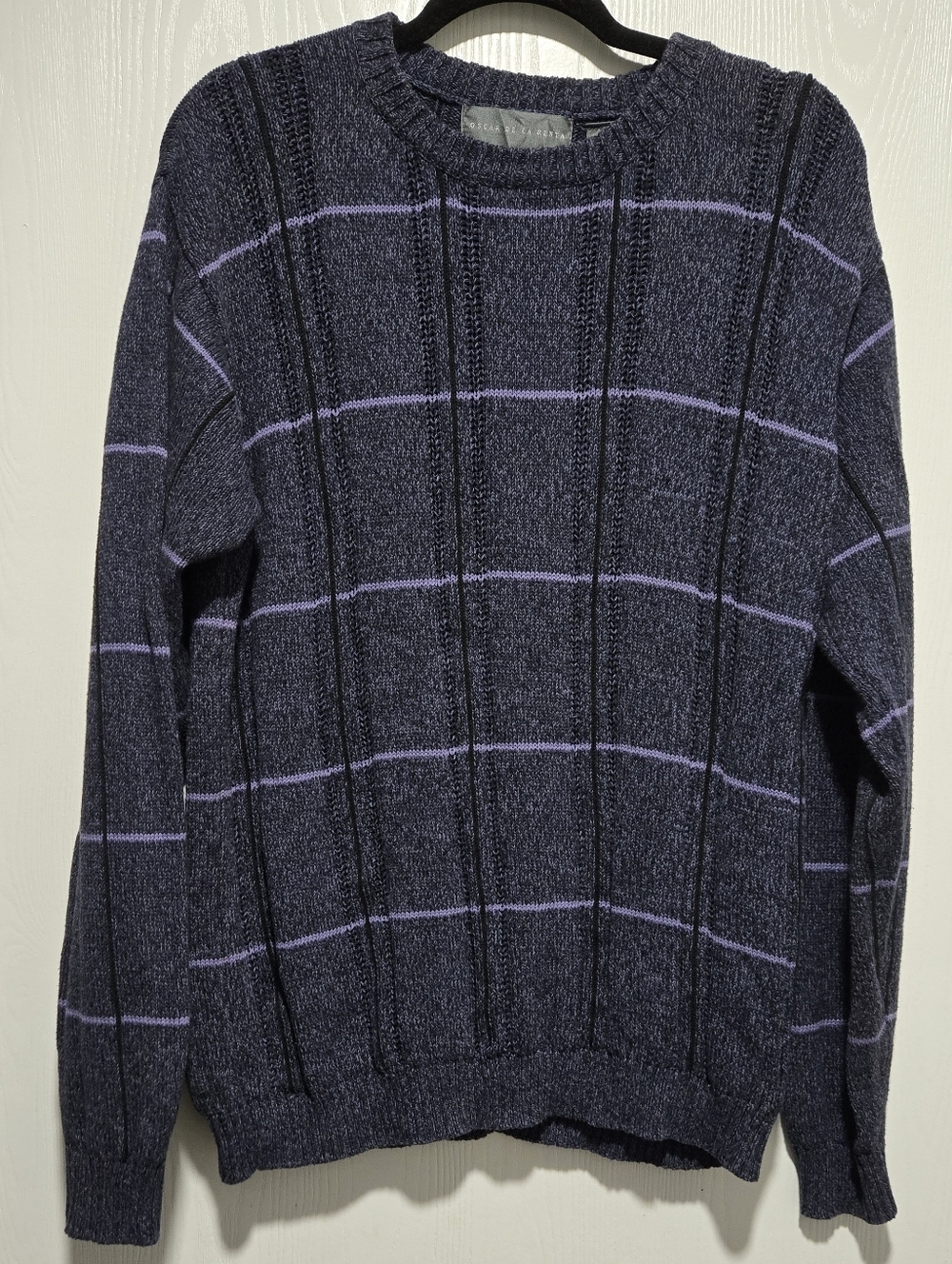 Oscar De La Renta Vintage Men Navy Blue Striped Crewneck Sweater Size Large